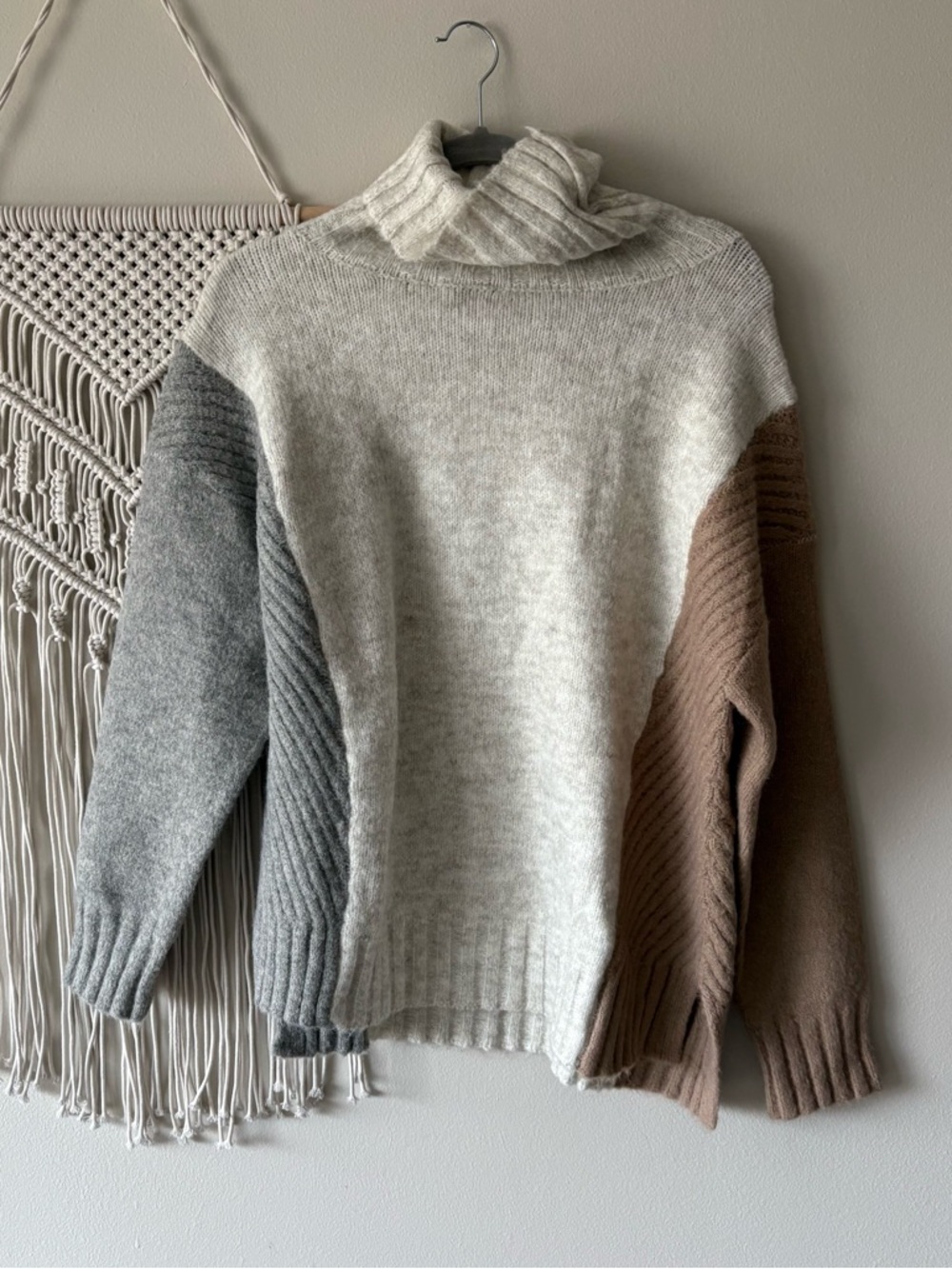 Hem & Thread Colorblock Turtleneck Sweater - Cream, Gray & Brown